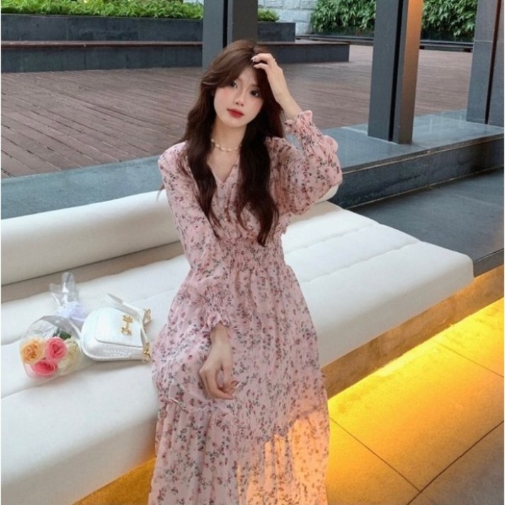 여성 쉬폰 플라워 롱원피스 브이넥 허리 라인 슬림 봄 가을 겨울 원피스 셔링 데이트룩 빅사이즈 원피스2xl