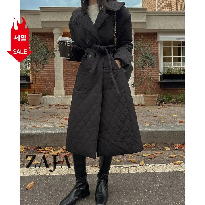 ZAJA 가을 겨울 여성 블랙 패딩 점퍼 더블 퀼팅 벨티드 보온 기질 패딩 코트