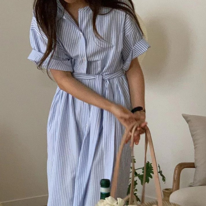 메이리앤 여성 여름 스트라이프 반팔 셔츠 원피스 루즈핏 빅사이즈 롱 원피스