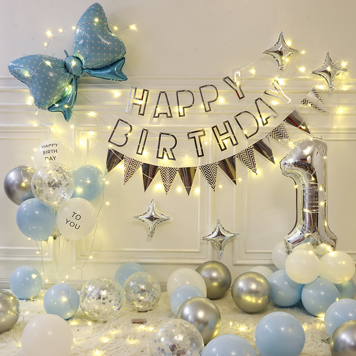 파티샵 생일 풍선 세트5m전구,손펌프,풍선꽂이포함 숫자 변경 가능, .블루리본실버별전구