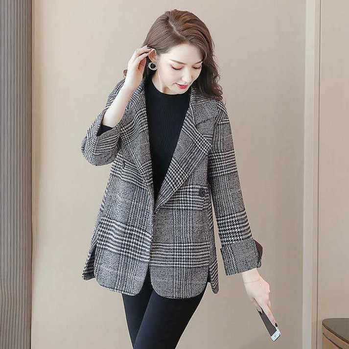 FANSYLI 여성 가을 겨울 신상 모직 코트 정장 넥 체크 숏 자켓 밑단 트임 루즈핏 추동 코트 X7J20