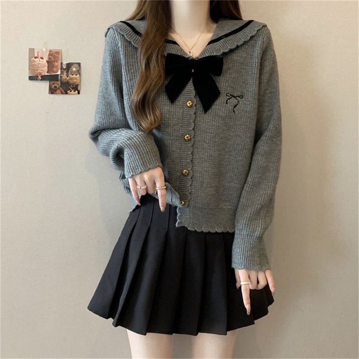 TKX 니트가디건 여성용 봄 가을 니트 가디건 버튼 디자인 리본 칼라 긴팔 오피스룩가디건 K51