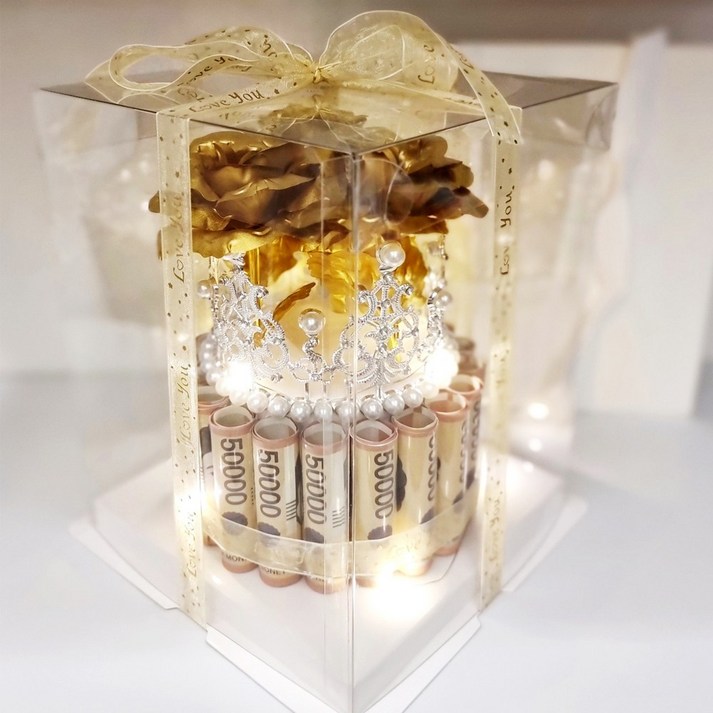 용돈박스 비누꽃 생신 생일 용돈 이벤트 왕관돈케이크 전용쇼핑백 페이크머니 LED전구, 1개, 금장미
