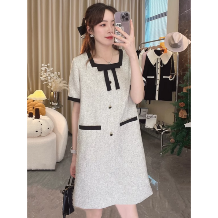 빈이몰 빅사이즈 여성 단아한 원피스 100kg 정장 원피스 스퀘어넥 여름 하객룩