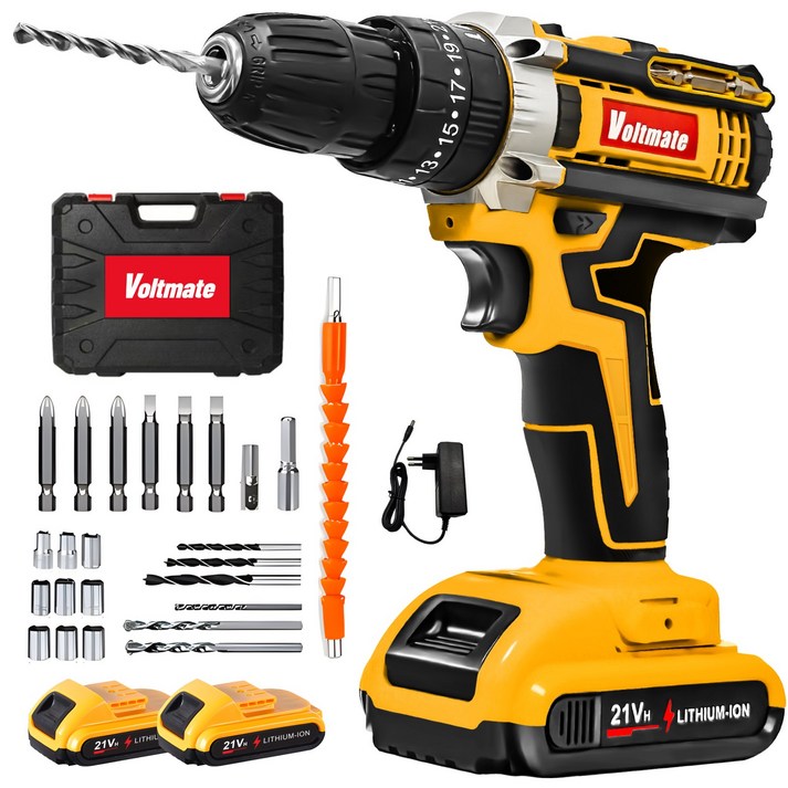 [국내발송] VoltMate 독일 21V 다용도 전동드릴 35N 빅토크해머드릴무선 가정용전동드라이버 임팩트드릴 해머전동드릴 배터리 2개 세트