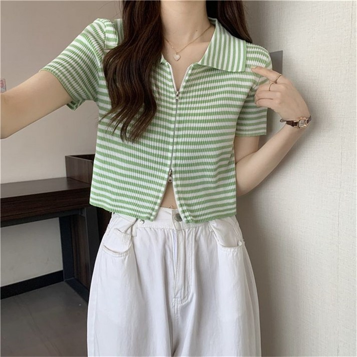 besteffie 여성용 여름용 반팔 줄무늬 니트 카디건 간편한 지퍼 스타일 K85