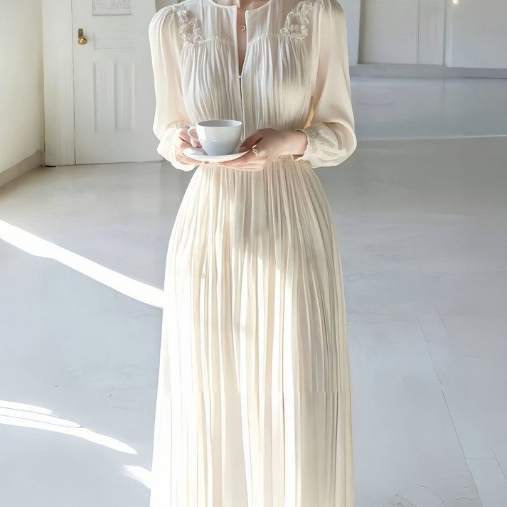 봄 가을 여성 긴팔 원피스 빈티지 하이웨이스트 원피스 캐주얼 롱 스커트 기질 바캉스룩 쉬폰 원피스 ZZL