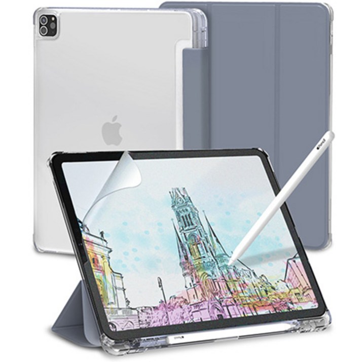 신지모루 클리어 애플펜슬 수납 태블릿PC 케이스  종이질감 액정보호 필름 세트, 라벤더 퍼플