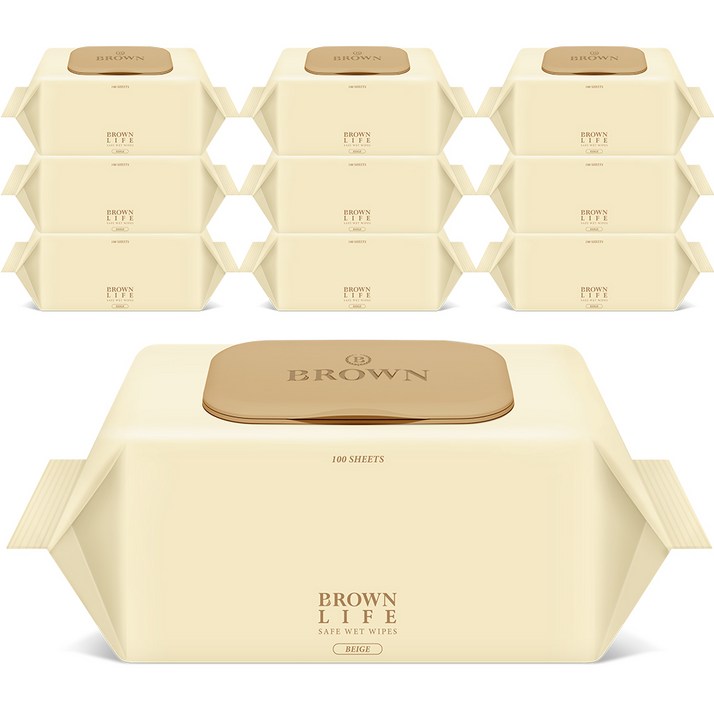 브라운 라이프 베이지 엠보싱 대용량 아기물티슈 캡형 50평량, 50g, 100개입, 10개