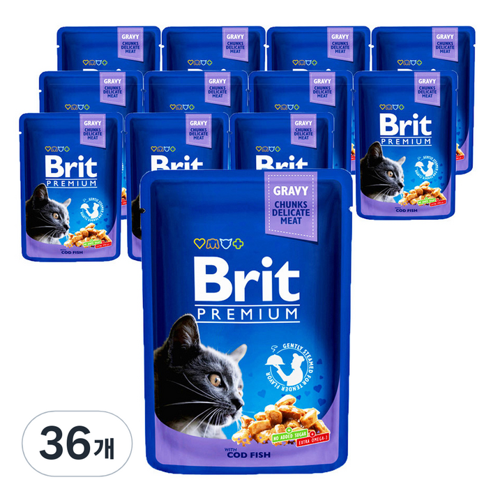 브리트 고양이 전연령용 프리미엄 주식파우치 습식사료 대구 피쉬, 닭, 100g, 36개