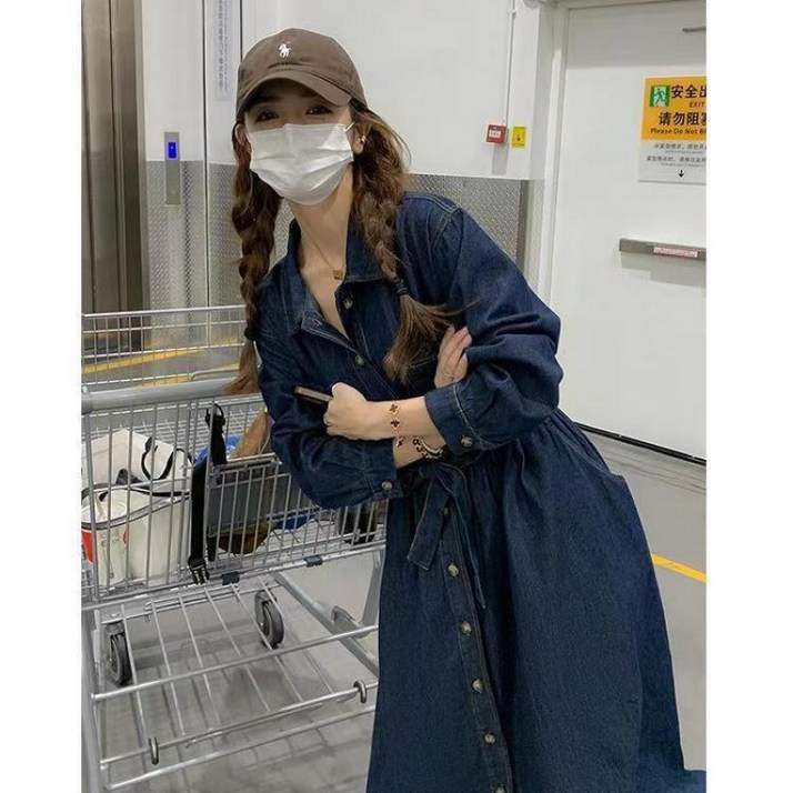 COSYEVNO  여성 원피스 가을 데님 빅사이즈 심플 패션 편안 캐주얼 루즈핏 미디 기장 허리끈 버튼 A라인 롱스커트 CXJqz-02