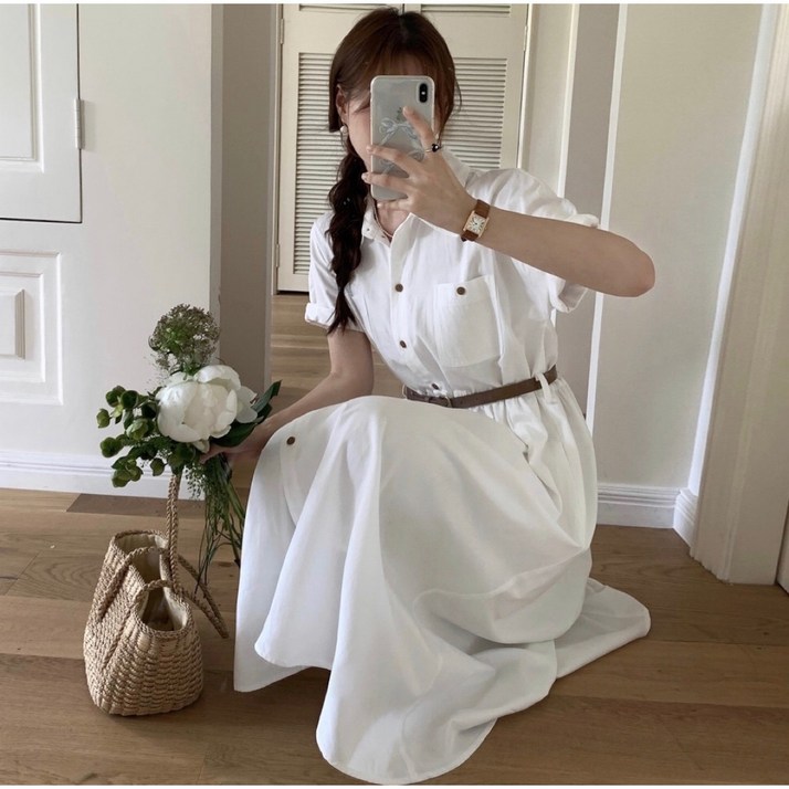 루어스룸 헤이즐 여름 코튼 벨트세트 버튼 플레어 A라인 빅사이즈 여성 a라인 반팔 66 77 88 임산부 하객룩 셔츠 롱 원피스(2color) 돌잔치룩