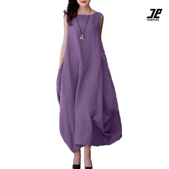 여성용 시원한 무봉제 주름 디테일 롱원피스 통기성 좋은 캐주얼 A라인 롱원피스