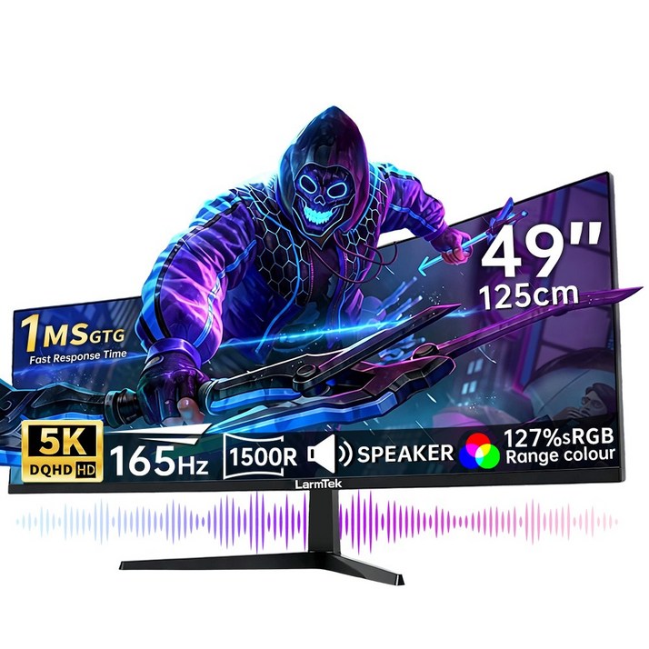 LarmTek 게이밍 모니터 27인치 34인치 49인치 울트라와이드 FHD/4K/5K 165Hz/240Hz 커브드 화면 고주사율 내장스피커 높이조절 스탠드, 125cm, 49inch 5K 165Hz