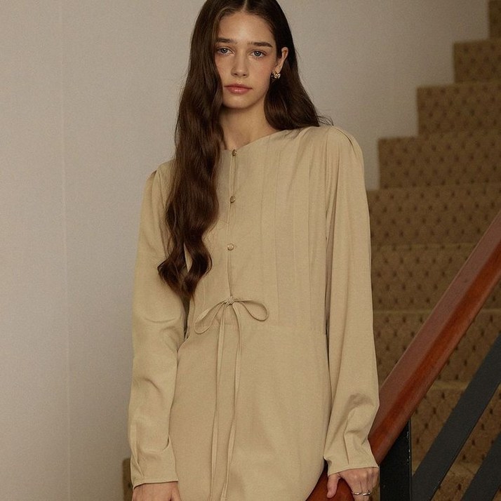 ADAUL Double pintuck ribbon reversible mini dress beige