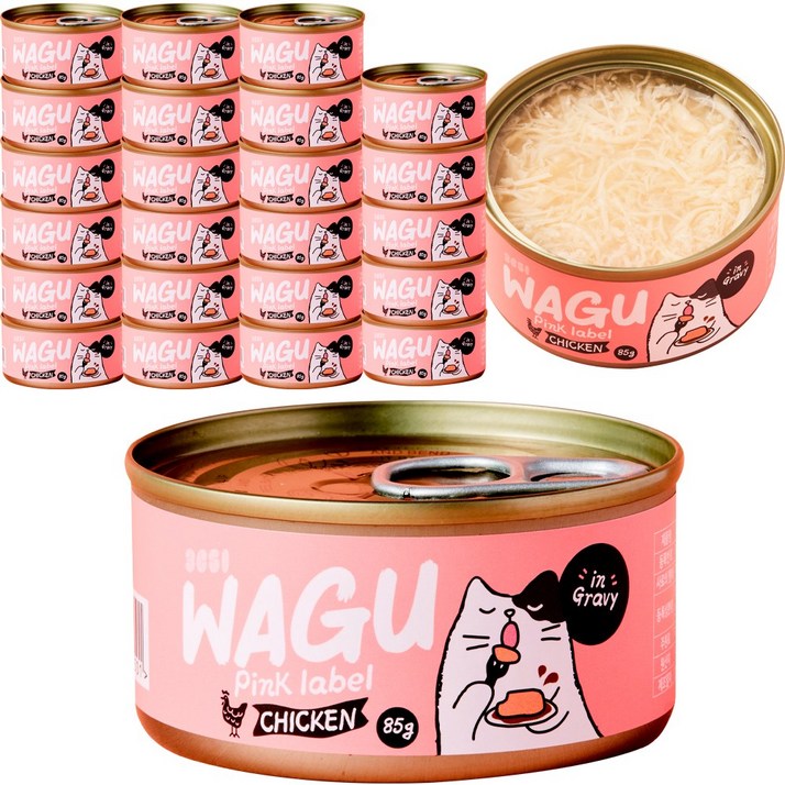 3651 와구 고양이 간식캔, 24개, 85g, 핑크라벨 닭가슴살