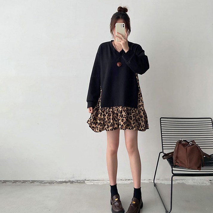 페이준 여성 봄가을 레오파드 맨투맨 스커트 빅사이즈 루즈핏 브이넥 원피스 LN754