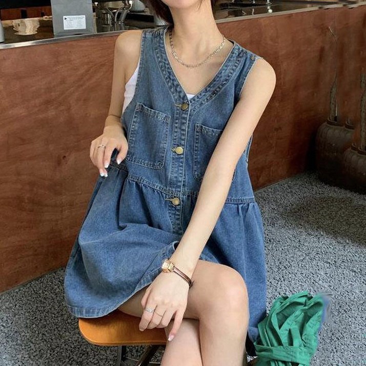 지디오 여성 민소매 브이넥 데님 뷔스티에 미니 원피스 나시 청치마