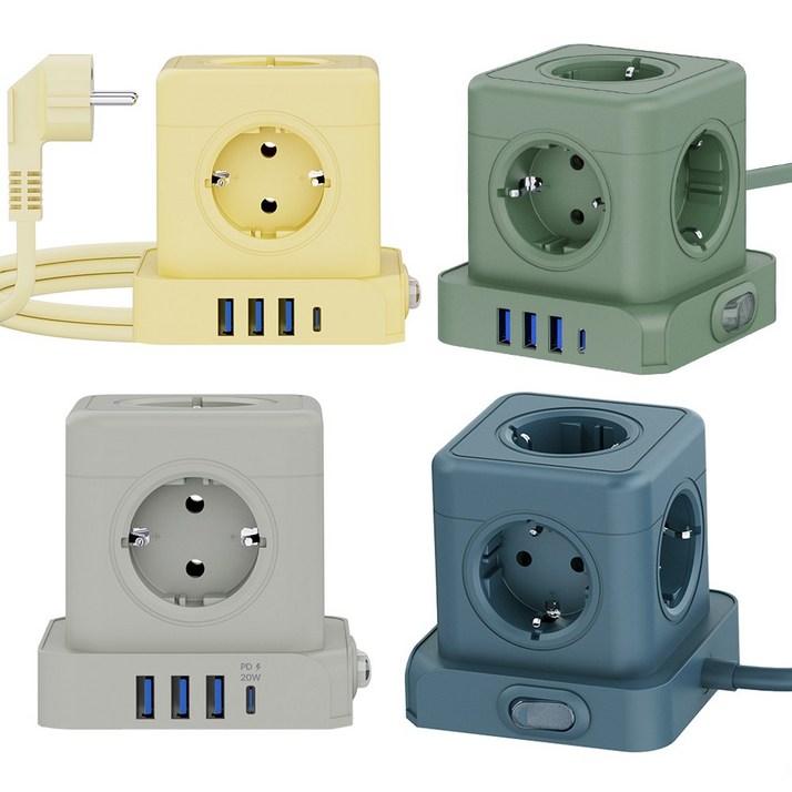 티메코 TMC-10 SF코팅 큐브 디자인 5구 멀티탭 C타입 USB 20W 고속충전 1.8M 전선형, 1개, 블루, 1.8m