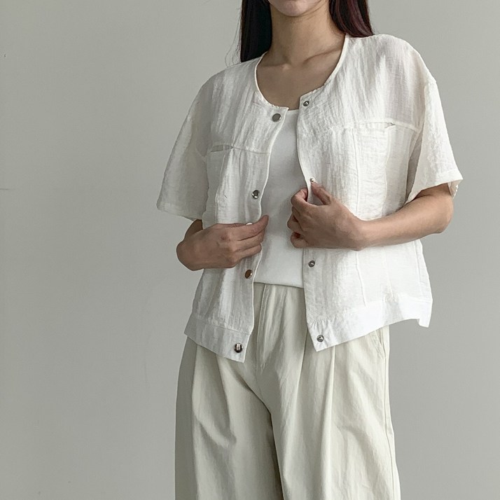 행복여 핀즈 노카라 린넨 반팔 자켓