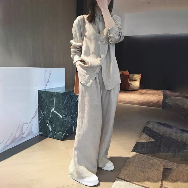 AOKADA 린넨 박시핏 루즈핏 긴팔 바캉스 남방 롱 셔츠 블라우스 와이드 로프 팬츠 여성 상하 세트