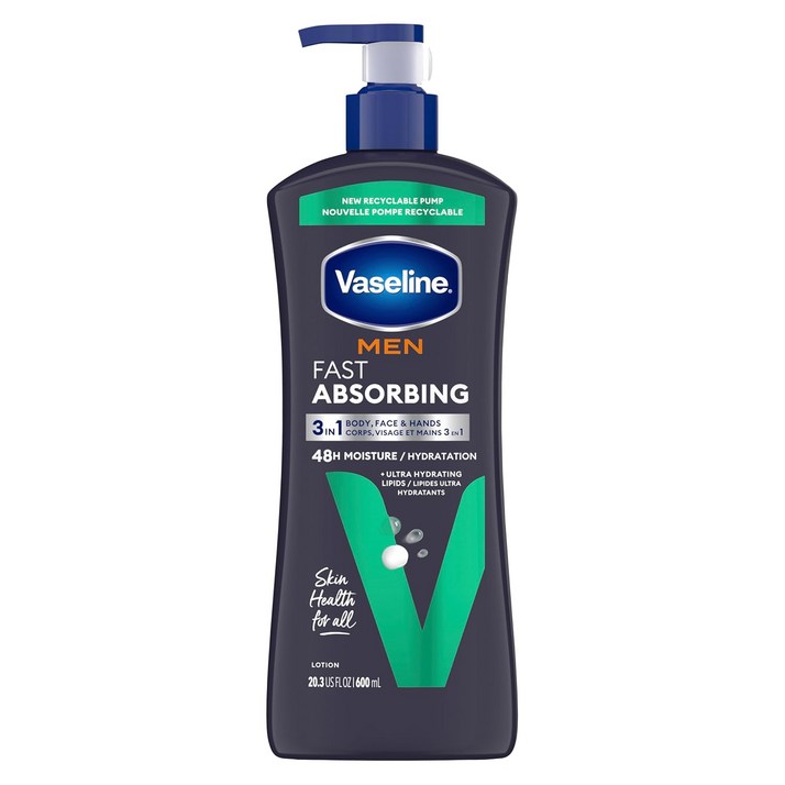 Vaseline 맨 24아워 모이스처 바디 & 페이스 로션, 600ml, 1개