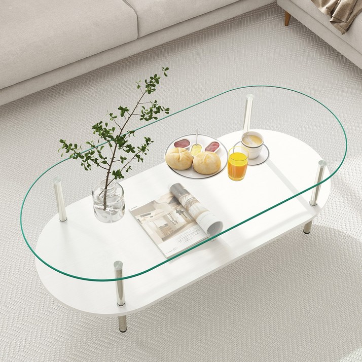 수납형 거실 소파 테이블 2단 타원형 거실테이블 10001200mm, 투명화이트1200