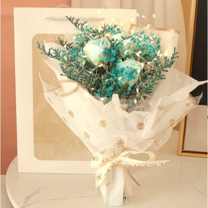10대친구생일선물 아르띠콜로 안개꽃 드라이 플라워 비누 꽃다발 + LED 램프 + 투명 쇼핑백, 블루