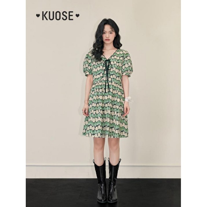 KUOSE 쿠오세원피스 튤립 플로럴 퍼프 브이넥 드레스 그린 KSB2403035