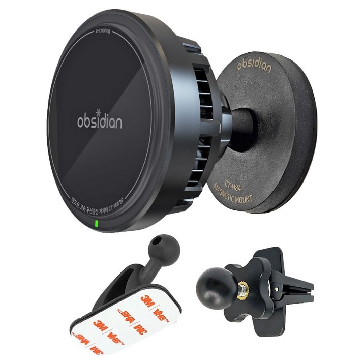 옵시디언 차량용 Qi2 e쿨링 핸드폰 고속 무선충전 거치대, 블랙, CT-MW9P+CT-H84