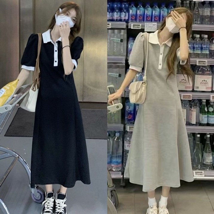 롱 원피스 단추 카라배색