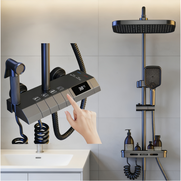 해바라기 샤워기 세트 4단 조절 가능 수온 표시 선반형 수납 가능한 스마트 샤워기 세트