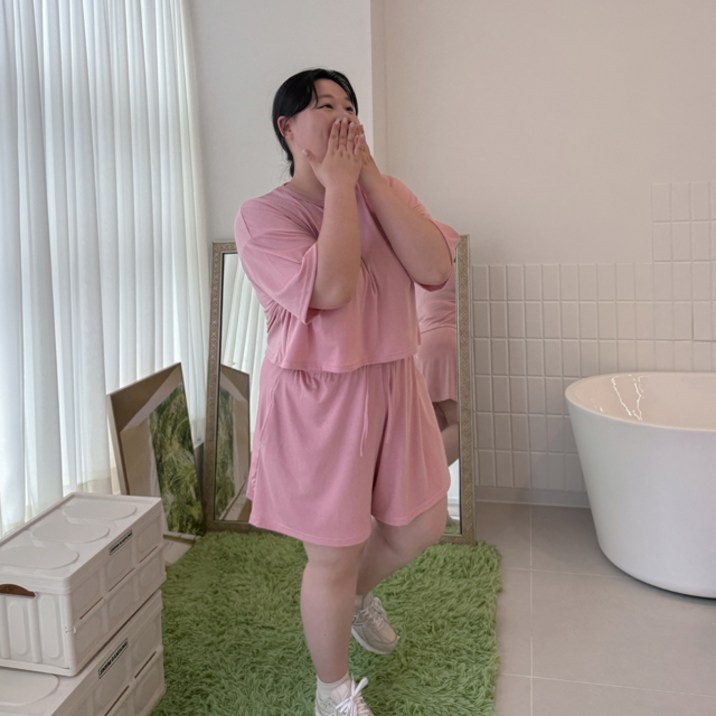 팔땡 제니 세미크롭티 와이드 반바지 찰랑 하프크롭 밴딩 트레이닝복 세트