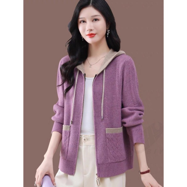 비아이와이 여성 봄가을 캐주얼 집업 후드 니트 가디건  D17