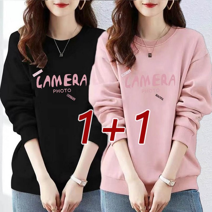 1+1 라운드넥 여성 맨투맨 티셔츠 데일리 캐주얼 봄 가을 여름 긴팔 티셔츠 긴팔티 블라우스 D88U