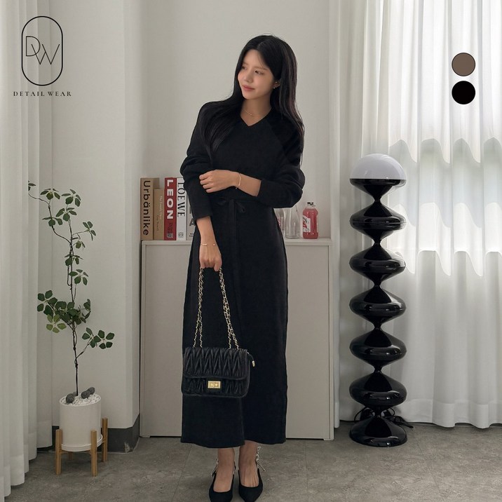 디테일웨어 여성 터널 끈 스트랩 브이넥 니트 롱원피스 빅사이즈 비스코스 A라인 임부복 간절기 긴팔 원피스 홈웨어룩