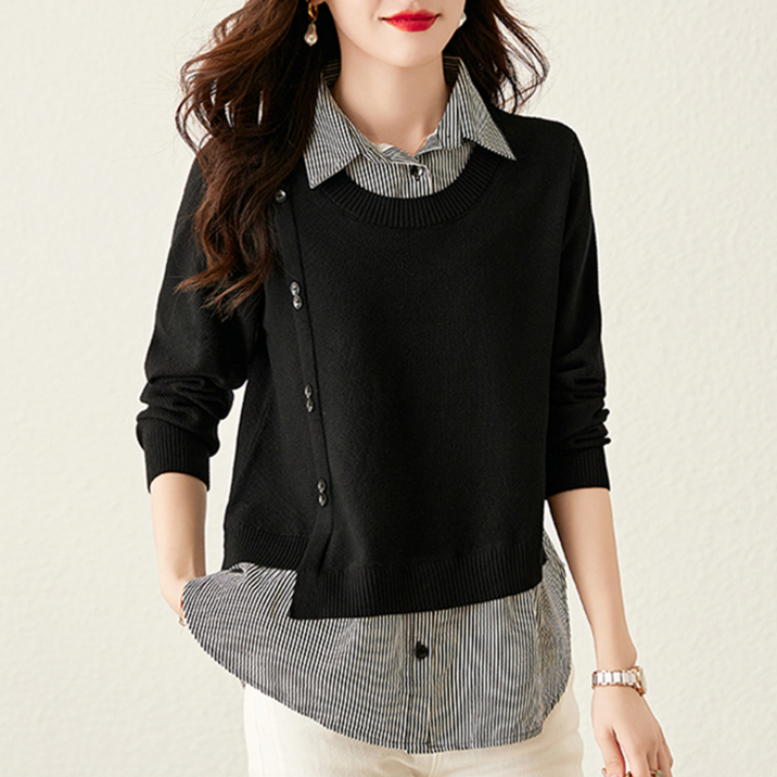 NUNUHANA 여성 루즈핏 니트 페이크 레이어드 셔츠