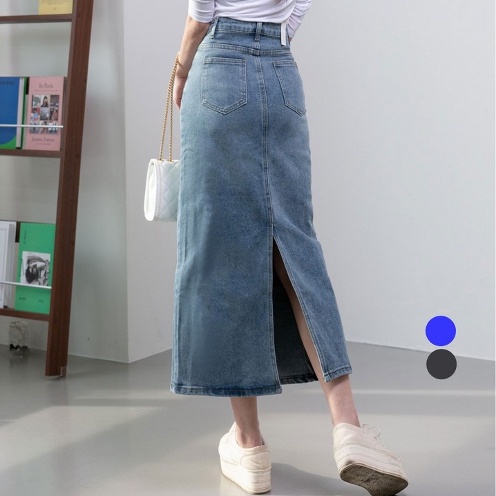 유어스타일 여성 스판 뒷트임 워싱데님 H라인 롱스커트 2 col 청치마 긴치마 데님스커트 데님긴치마