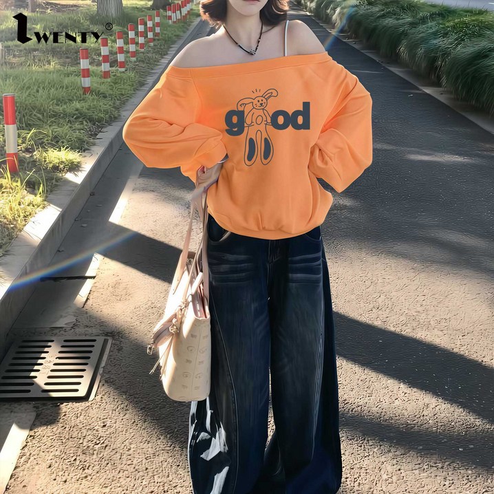 Iwenty 토끼 패턴이 들어간 여성 캐주얼 다용도 라운드넥 긴팔 루즈 스웨트셔츠