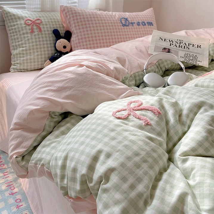 CZH 부드럽고 편안한 작은 체크 이불커버 세트