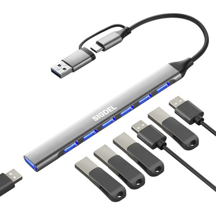 시그델 슬림형 7in1 USB 3.0 C타입 겸용 멀티 허브 7포트 USB7 젠더 C to USB 노트북 컴퓨터 확장 포트 UH05, 메탈실버