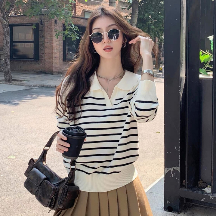 SUNALIFE 여자 스트라이프 카라 니트 긴팔 티셔츠 데일리 프렌치 감성 루즈핏 봄 가을 이너 레이어드