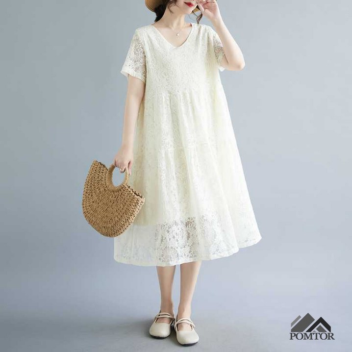 POMTOR 여름 여성 레이스 루즈핏 롱 원피스 빅사이즈 반팔 미디원피스 POMTOR 여름 여성 레이스 루즈핏 롱 원피스 빅사이즈 반팔 미디원피스