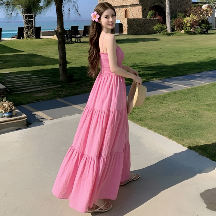 쁘띠엘라 휴양지 원피스 스모크밴딩 A라인 발목기장 빅사이즈 비치웨어