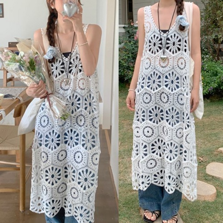 루비루 RB3042 신축성 짱 뜨개 레이스 + 나시 셋트  펀칭 레이어드 롱 뷔스티에 니트 원피스