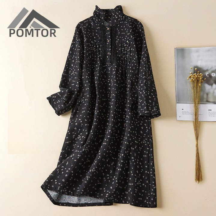 POMTOR 여성 플라워 원피스 빅사이즈 블랙 긴팔 미디 원피스