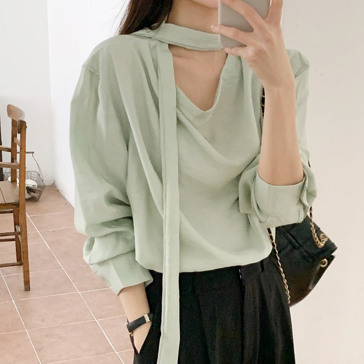 [SML사이즈]여성 클래식 스카프 타이 블라우스 셔링블라우스 출근룩 데이트룩 오피스룩 쉬폰 빅사이즈