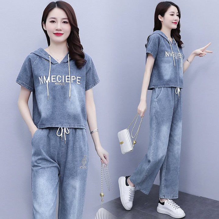 COSYEVNO 여름 캐주얼룩 빅사이즈 패션 루즈핏 후드 반팔 티셔츠+데님 팬츠 세트