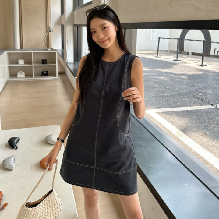 유니크코코 여름 민소매 데님 청 미니 원피스 5755