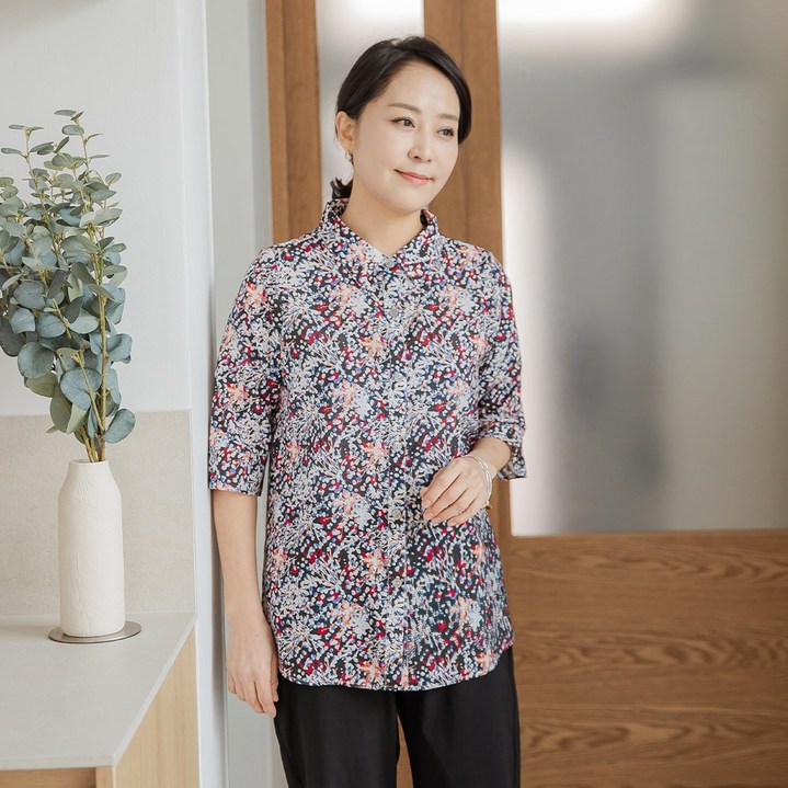 씨엘스토리 여성 인견 오픈카라 반팔 블라우스